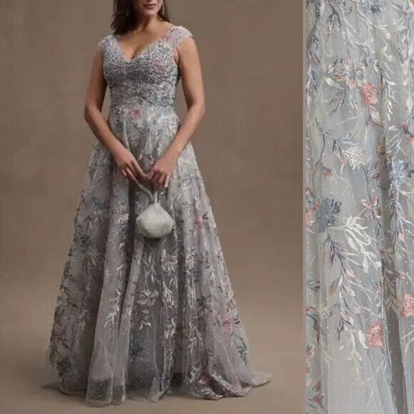 Mac Duggal 20263 Womens Size 6 Silver Pink Floral Embroidery Gown Maxi Dress - Picture 1 of 10